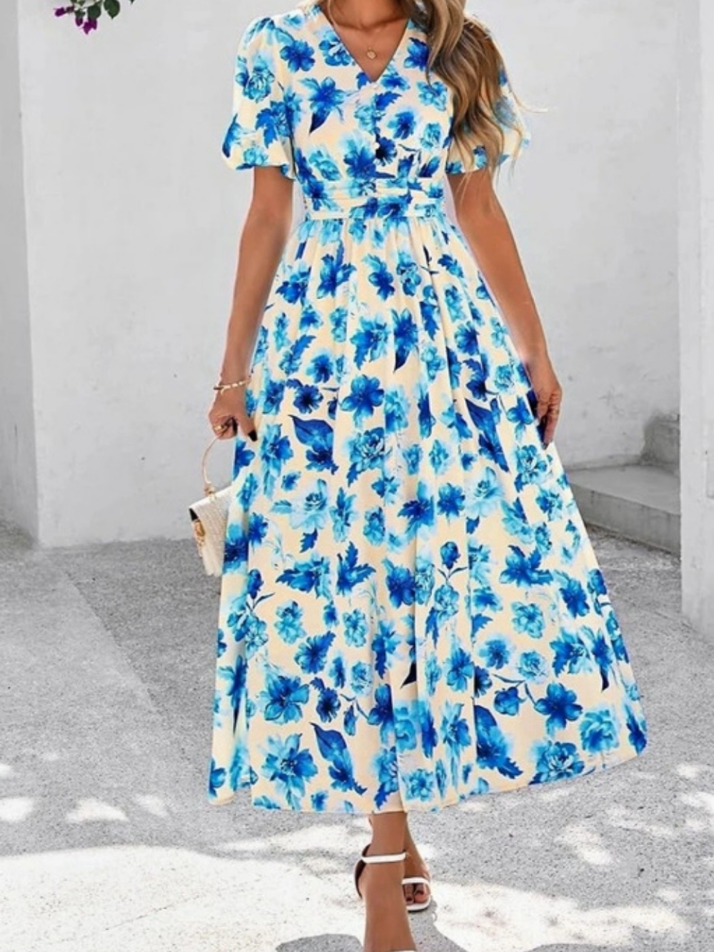 Clasi V-Neck Button Navy Blue Floral Waist Cinched Women Dress Floral Maxi